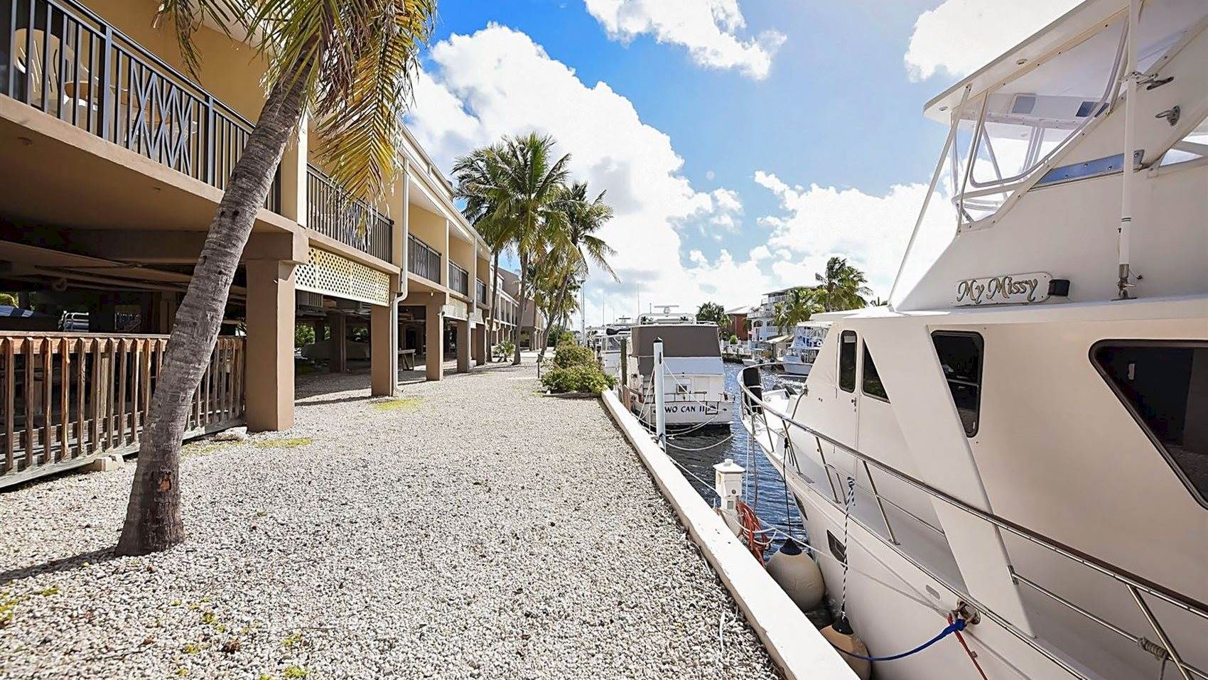 The image shows a marina with a dock alongside a row of palm trees and buildings, with a large white boat moored by the side.