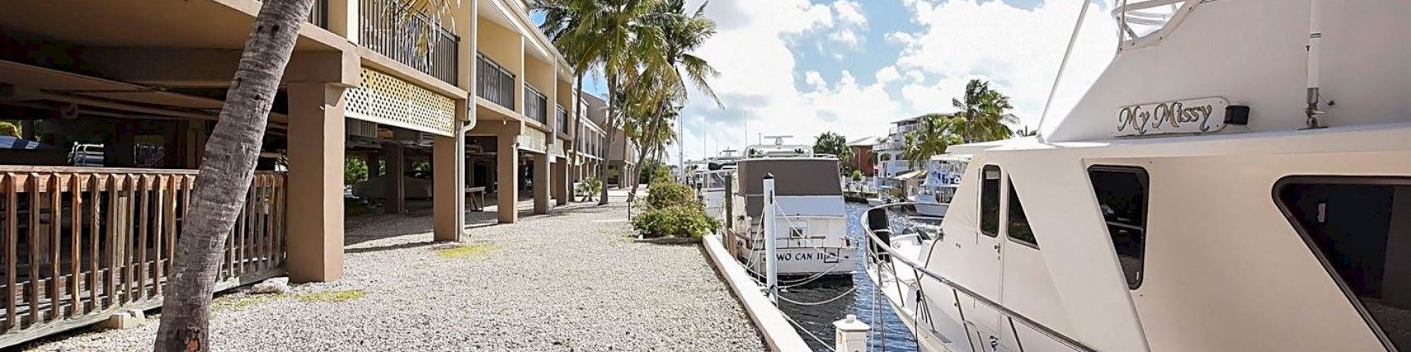 The image shows a marina with a dock alongside a row of palm trees and buildings, with a large white boat moored by the side.