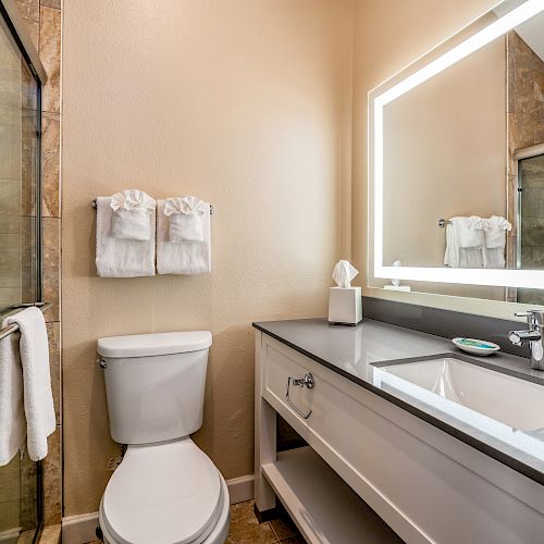 A modern bathroom with a glass shower, toilet, white sink, large mirror with light, folded towels, tissue box, and soap dish on the counter.