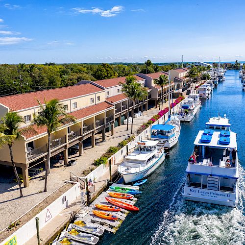 A scenic canal lined with boats and kayaks, flanked by buildings and palm trees, seen from an aerial view under a clear blue sky.