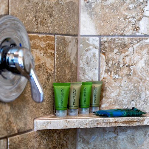 The image shows a shower with beige tiles, a silver handle, and a small shelf holding green toiletries and a wrapped soap on a ceramic shelf.