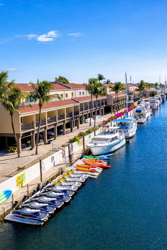 Palm-lined marina with parked yachts, kayaks, and resort buildings along a bright blue canal under a clear sky.
